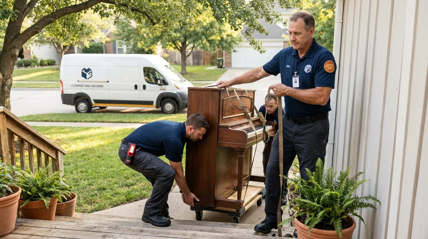 Licensed piano movers securing grand piano in Santa Rosa, TX