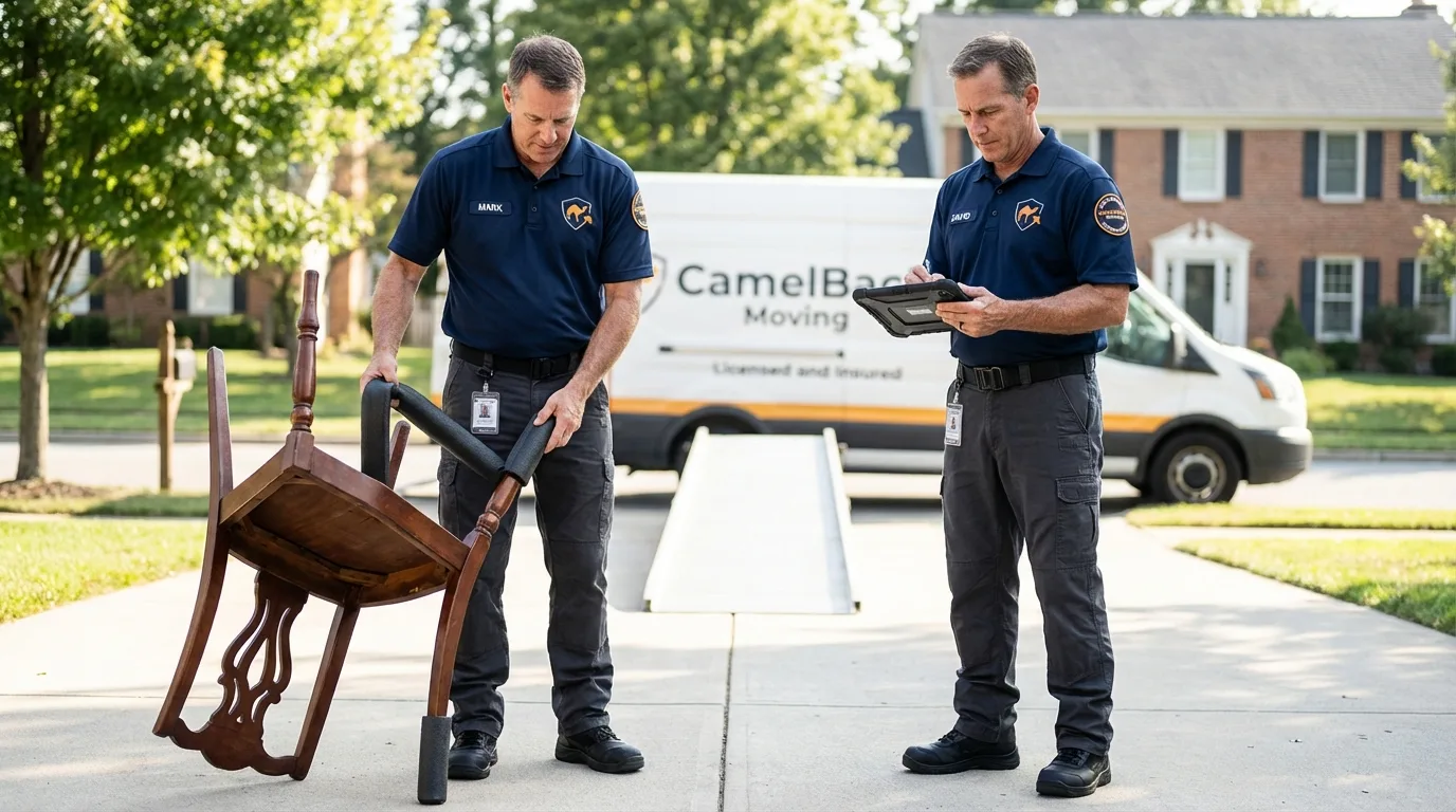 Movers inspecting furniture for damage prevention before loading in Santa Rosa, TX