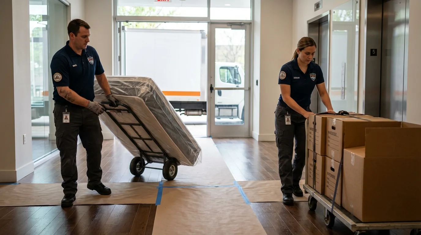 Professional apartment movers loading elevator in Santa Rosa, TX